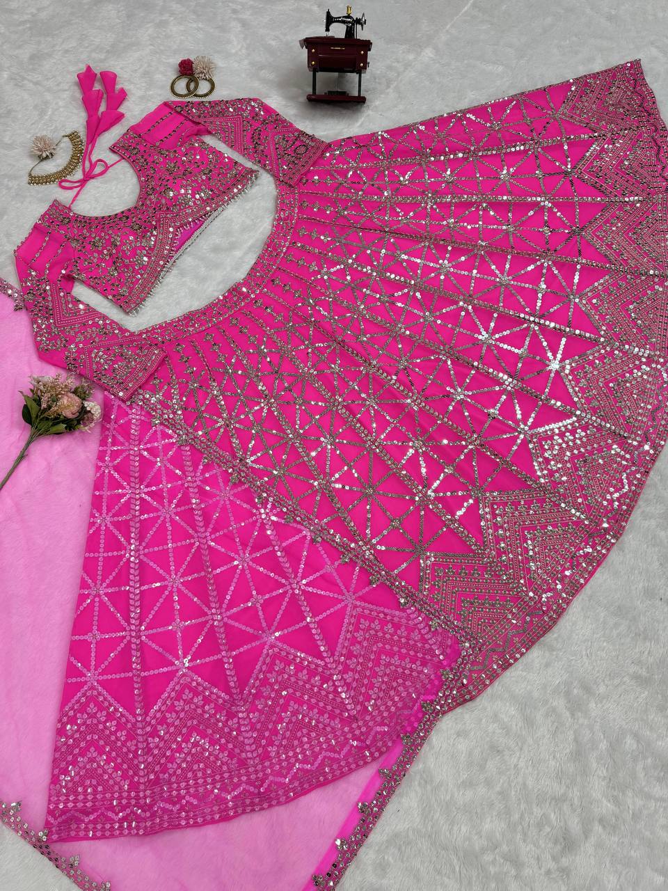 Pink Designer 9mm Sequin Faux Georgette Lehenga Choli Set with Butterfly Net Dupatta