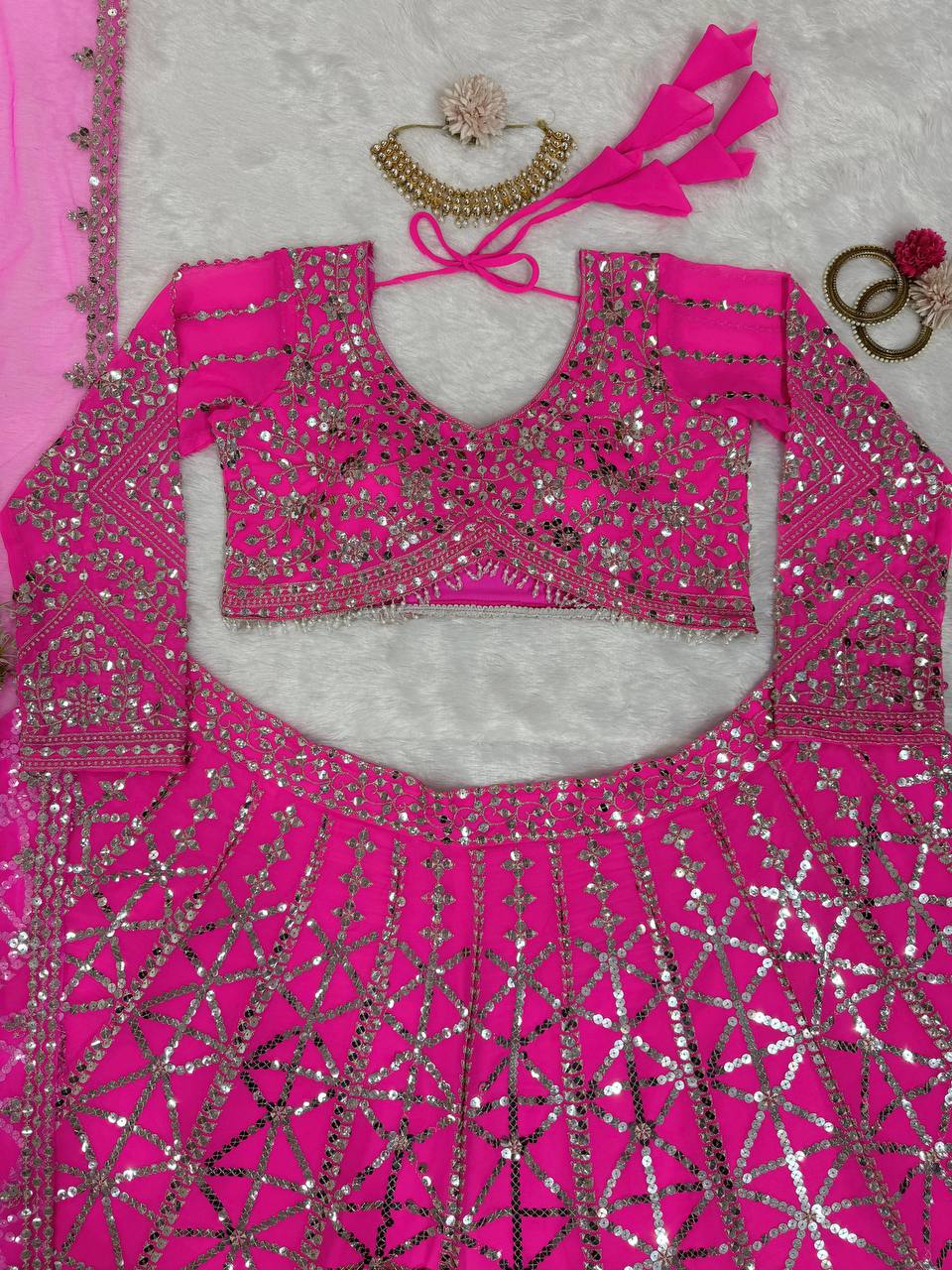 Pink Designer 9mm Sequin Faux Georgette Lehenga Choli Set with Butterfly Net Dupatta