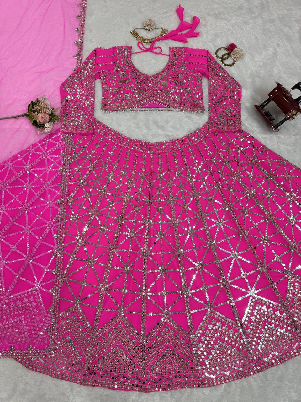 Pink Designer 9mm Sequin Faux Georgette Lehenga Choli Set with Butterfly Net Dupatta
