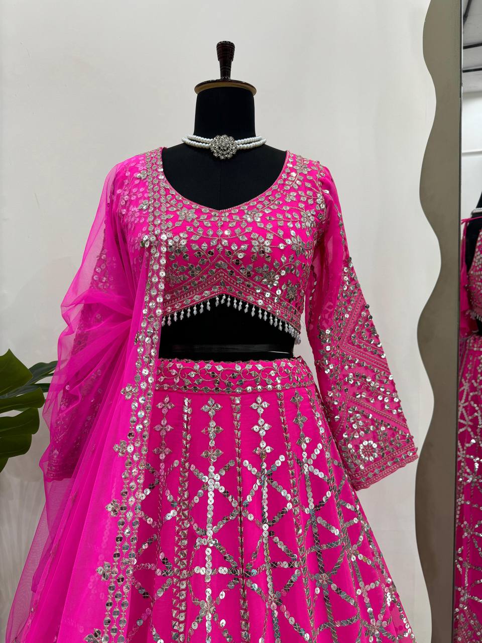Pink Designer 9mm Sequin Faux Georgette Lehenga Choli Set with Butterfly Net Dupatta