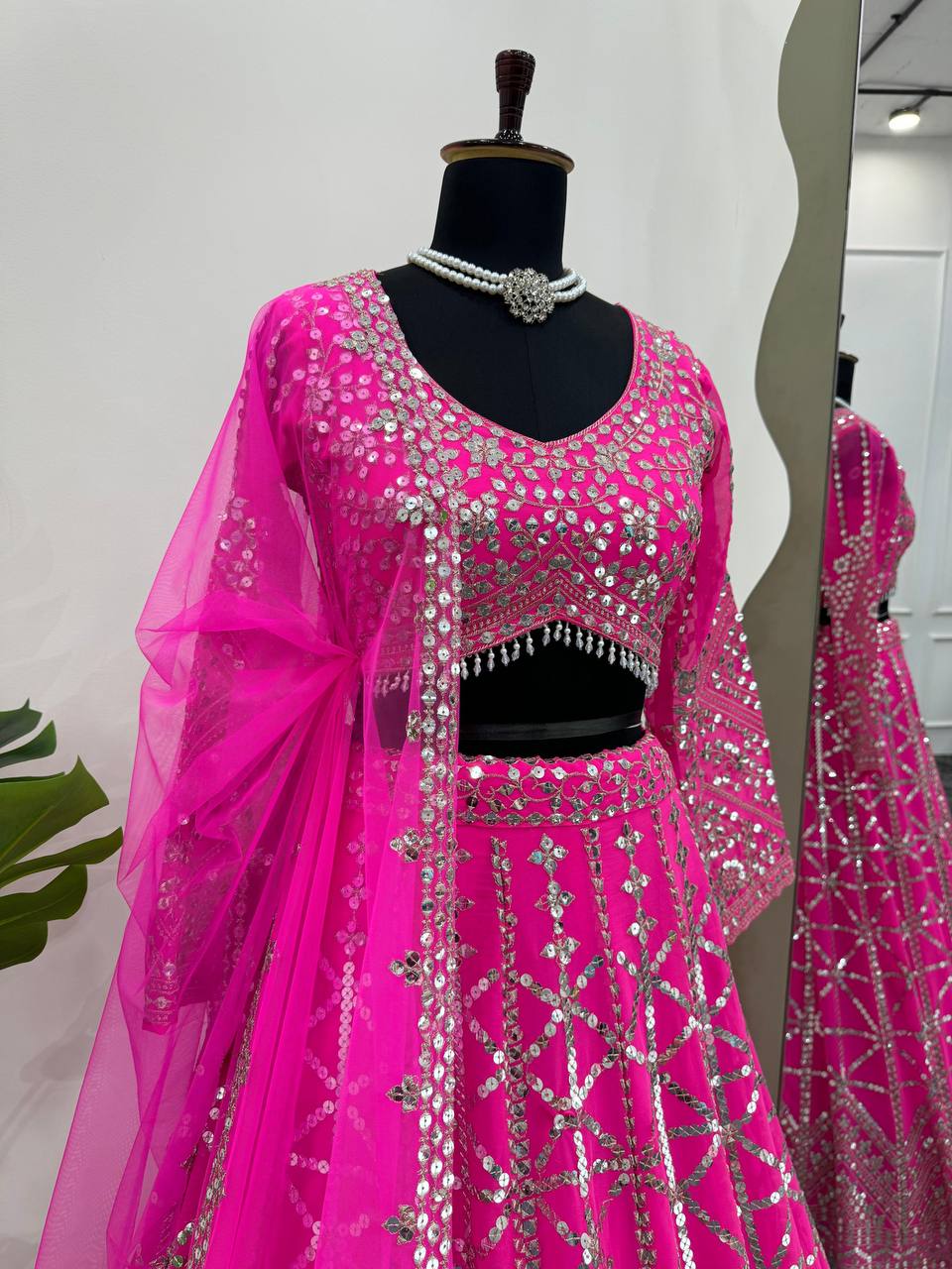 Pink Designer 9mm Sequin Faux Georgette Lehenga Choli Set with Butterfly Net Dupatta