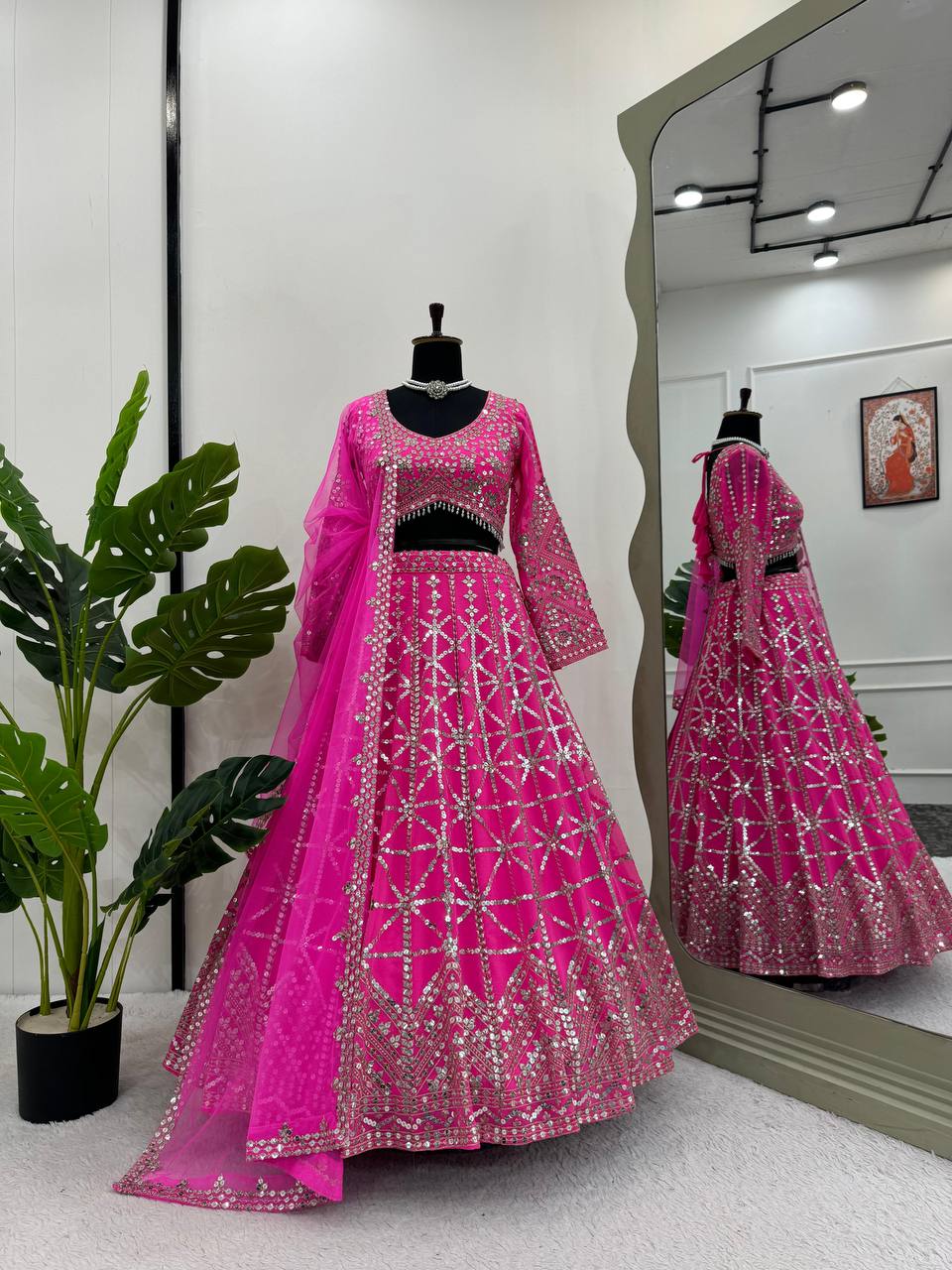 Pink Designer 9mm Sequin Faux Georgette Lehenga Choli Set with Butterfly Net Dupatta