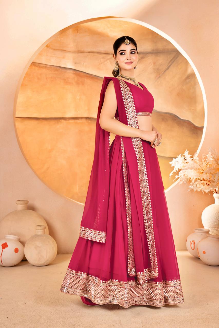 Pink Designer Dyeable Faux Blooming Lehenga Choli with 7mm Sequins Embroidery & Lace-Border Dupatta