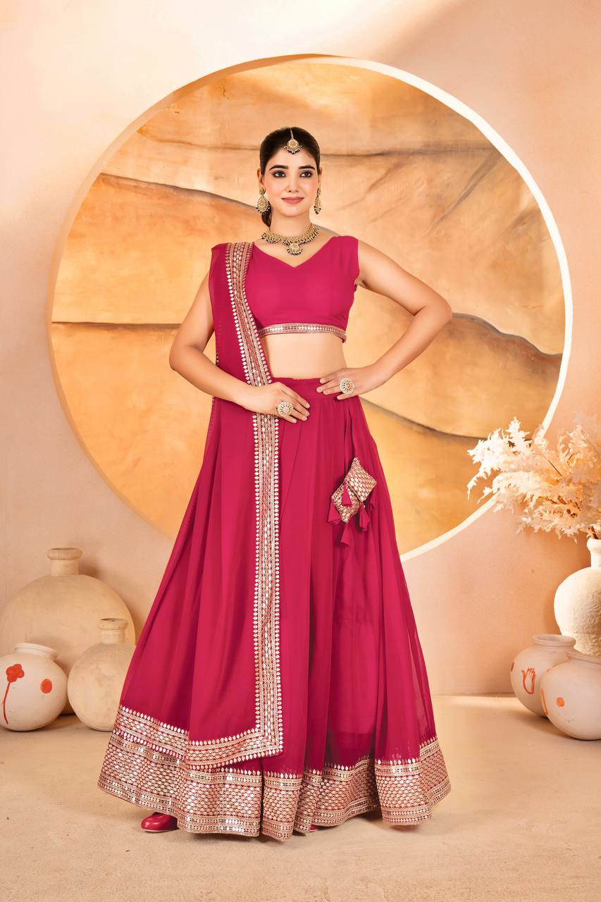 Pink Designer Dyeable Faux Blooming Lehenga Choli with 7mm Sequins Embroidery & Lace-Border Dupatta