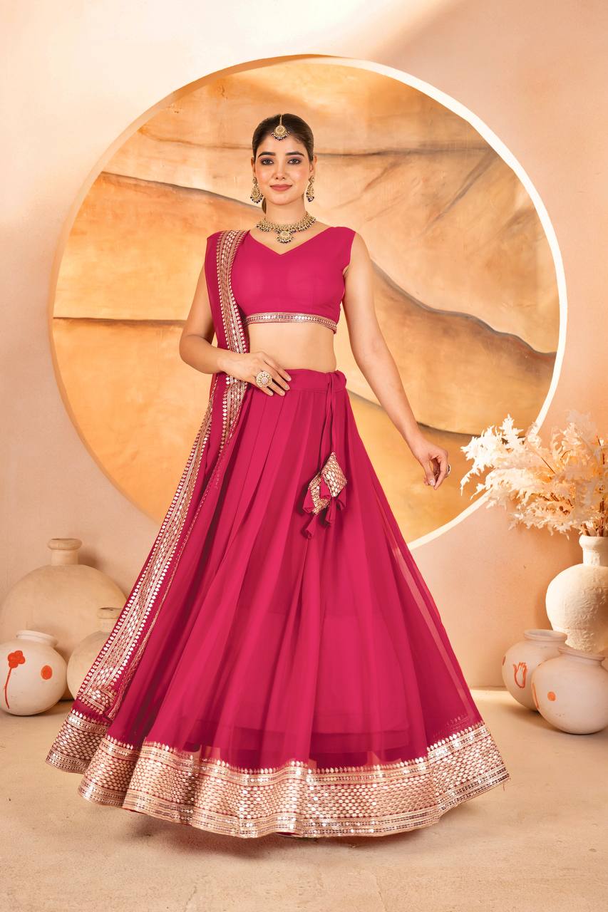 Pink Designer Dyeable Faux Blooming Lehenga Choli with 7mm Sequins Embroidery & Lace-Border Dupatta