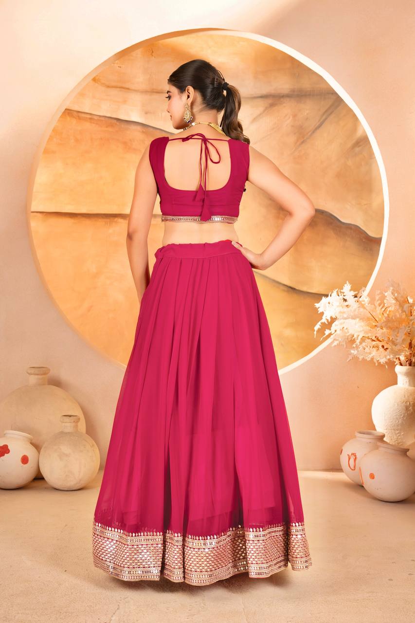Pink Designer Dyeable Faux Blooming Lehenga Choli with 7mm Sequins Embroidery & Lace-Border Dupatta