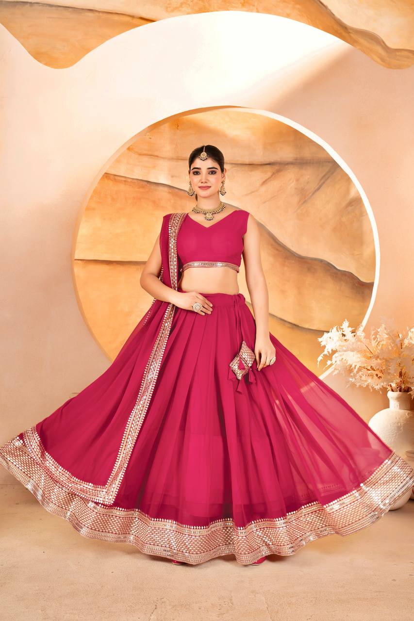 Pink Designer Dyeable Faux Blooming Lehenga Choli with 7mm Sequins Embroidery & Lace-Border Dupatta