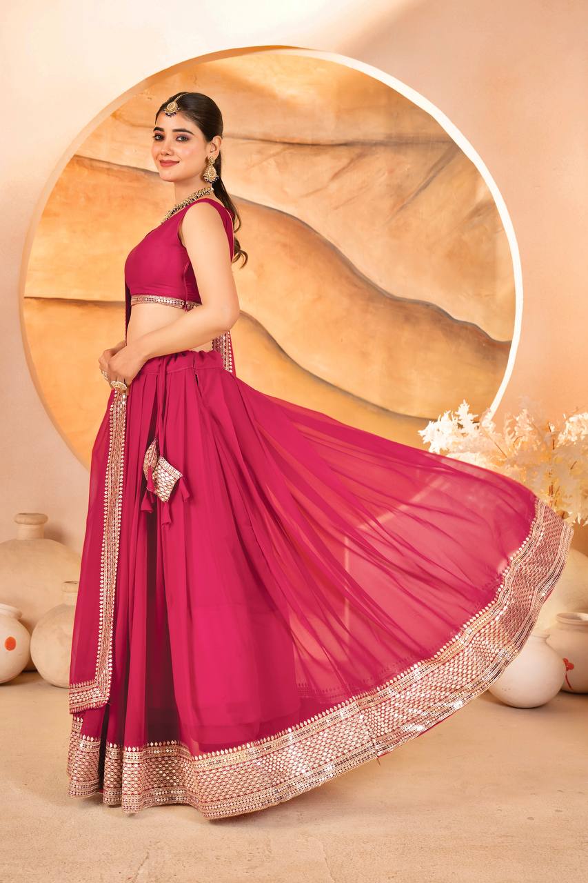 Pink Designer Dyeable Faux Blooming Lehenga Choli with 7mm Sequins Embroidery & Lace-Border Dupatta