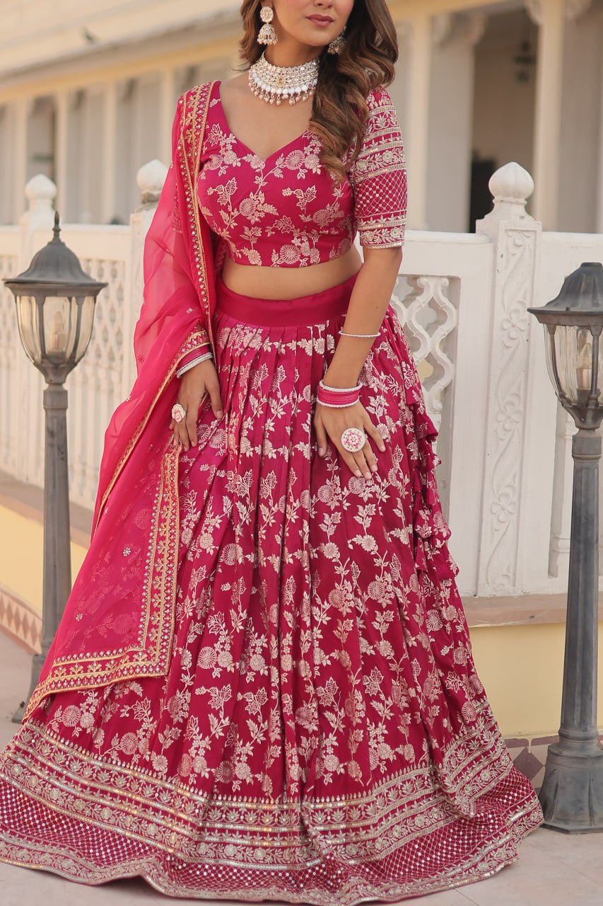 Pink Designer Dyeable Pure Viscose Jacquard Fabric Lehenga Choli & Dupatta Set