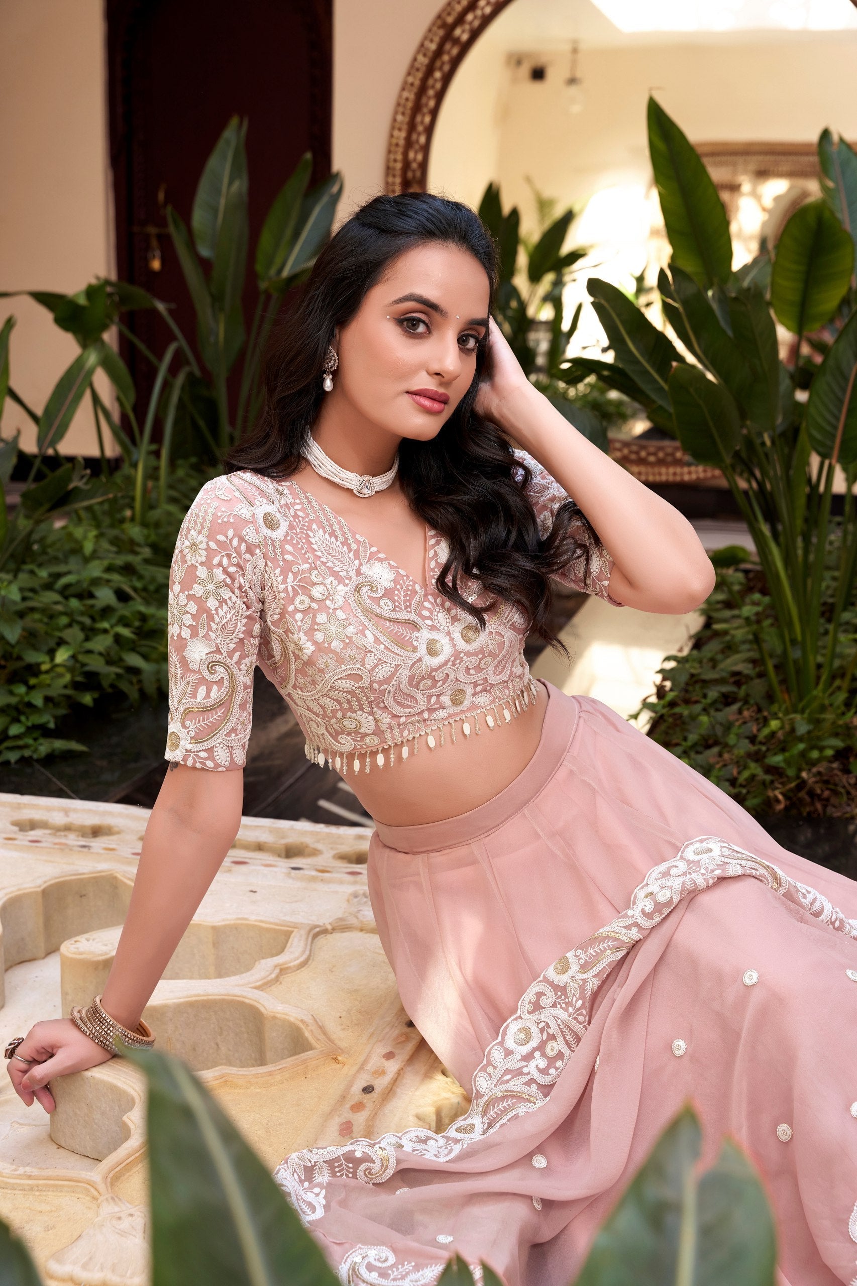Pink Designer Embellished Lehenga Set in Vichitra Silk, Weone Silk, Star Georgette & New Crush