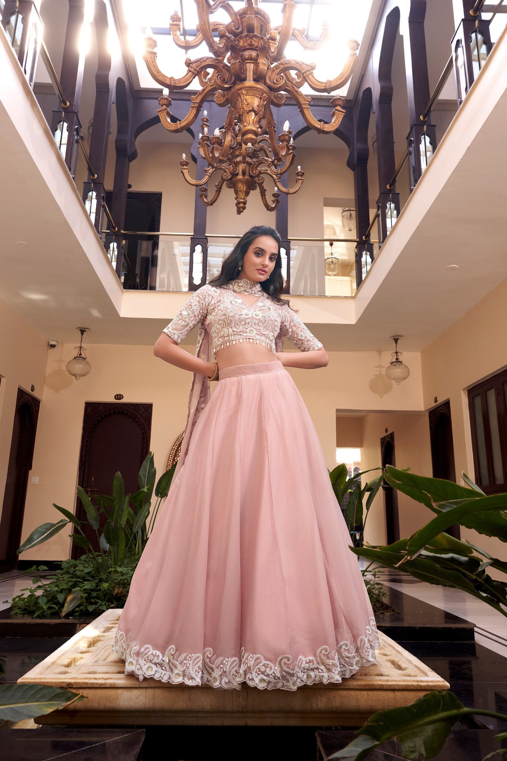 Pink Designer Embellished Lehenga Set in Vichitra Silk, Weone Silk, Star Georgette & New Crush