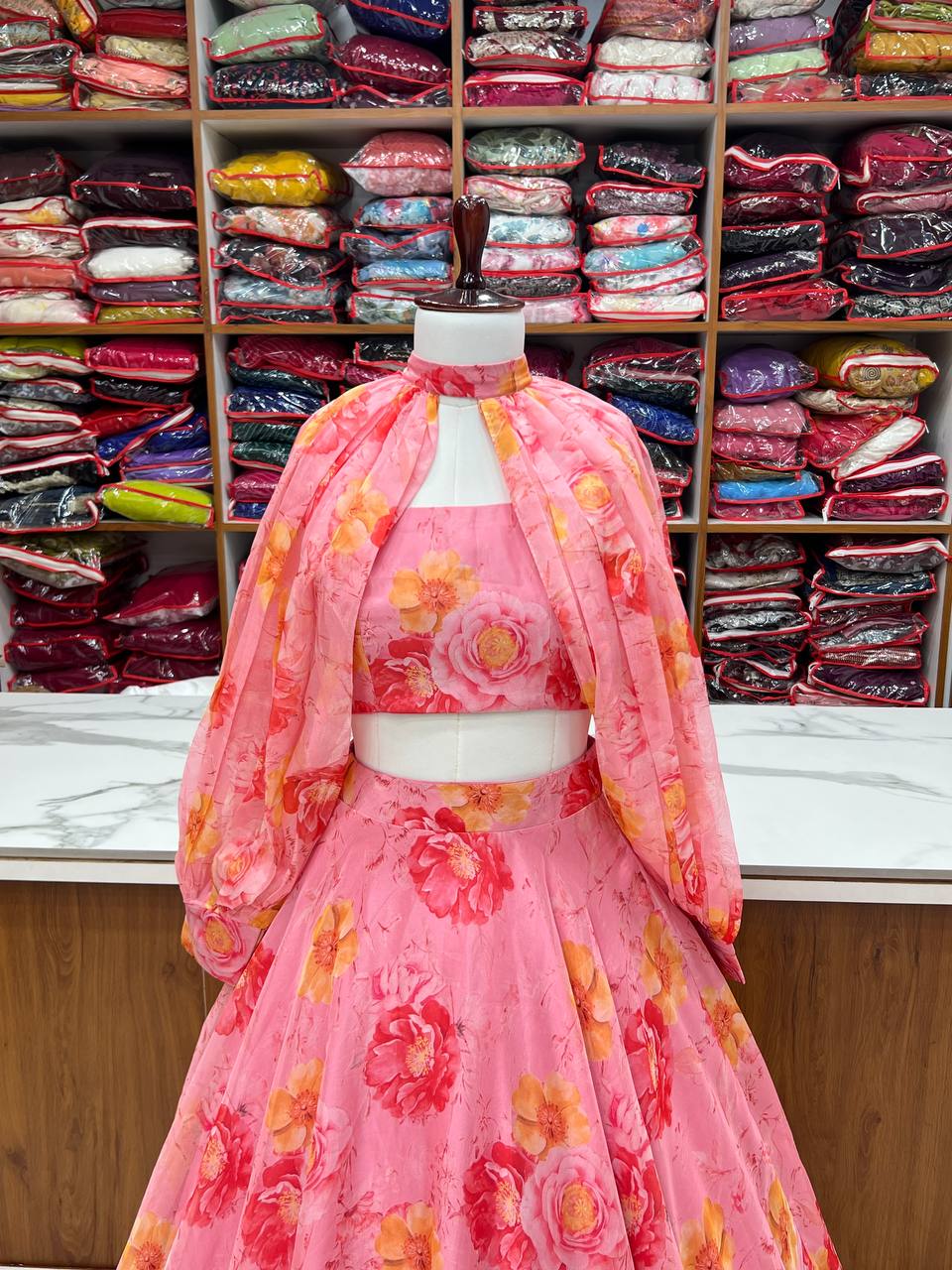 Pink Designer Floral Tabby Organza Silk Lehenga Choli Set