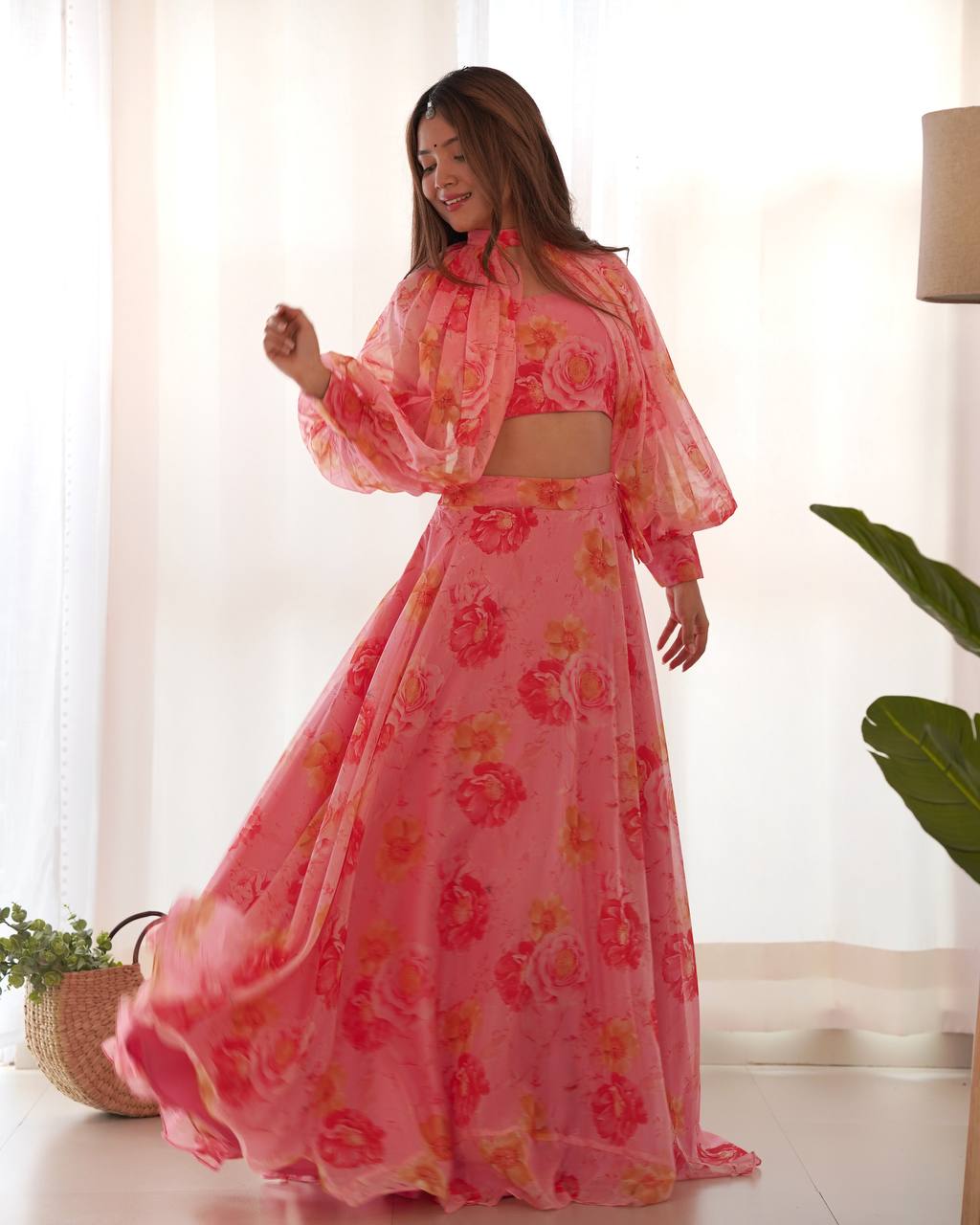 Pink Designer Floral Tabby Organza Silk Lehenga Choli Set