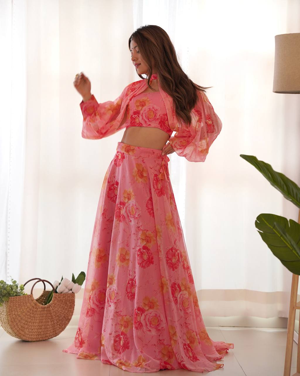 Pink Designer Floral Tabby Organza Silk Lehenga Choli Set