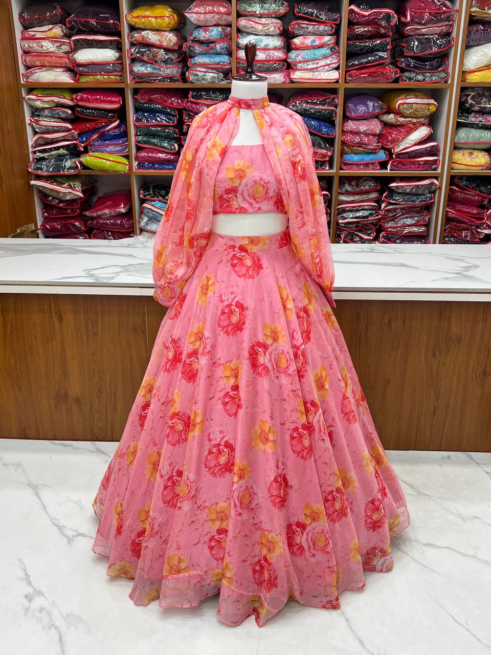 Pink Designer Floral Tabby Organza Silk Lehenga Choli Set