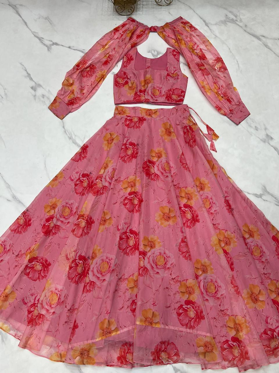 Pink Designer Floral Tabby Organza Silk Lehenga Choli Set