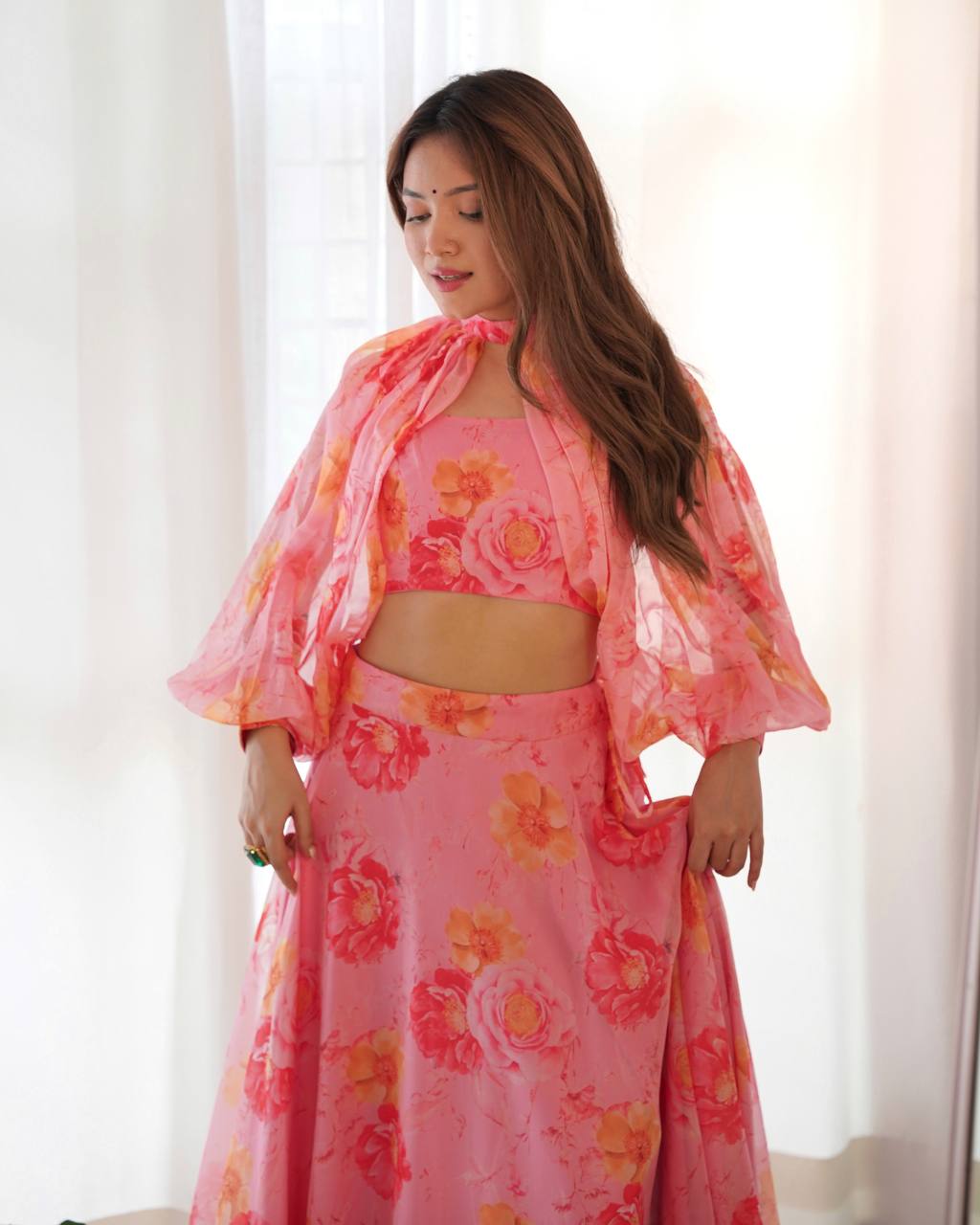 Pink Designer Floral Tabby Organza Silk Lehenga Choli Set