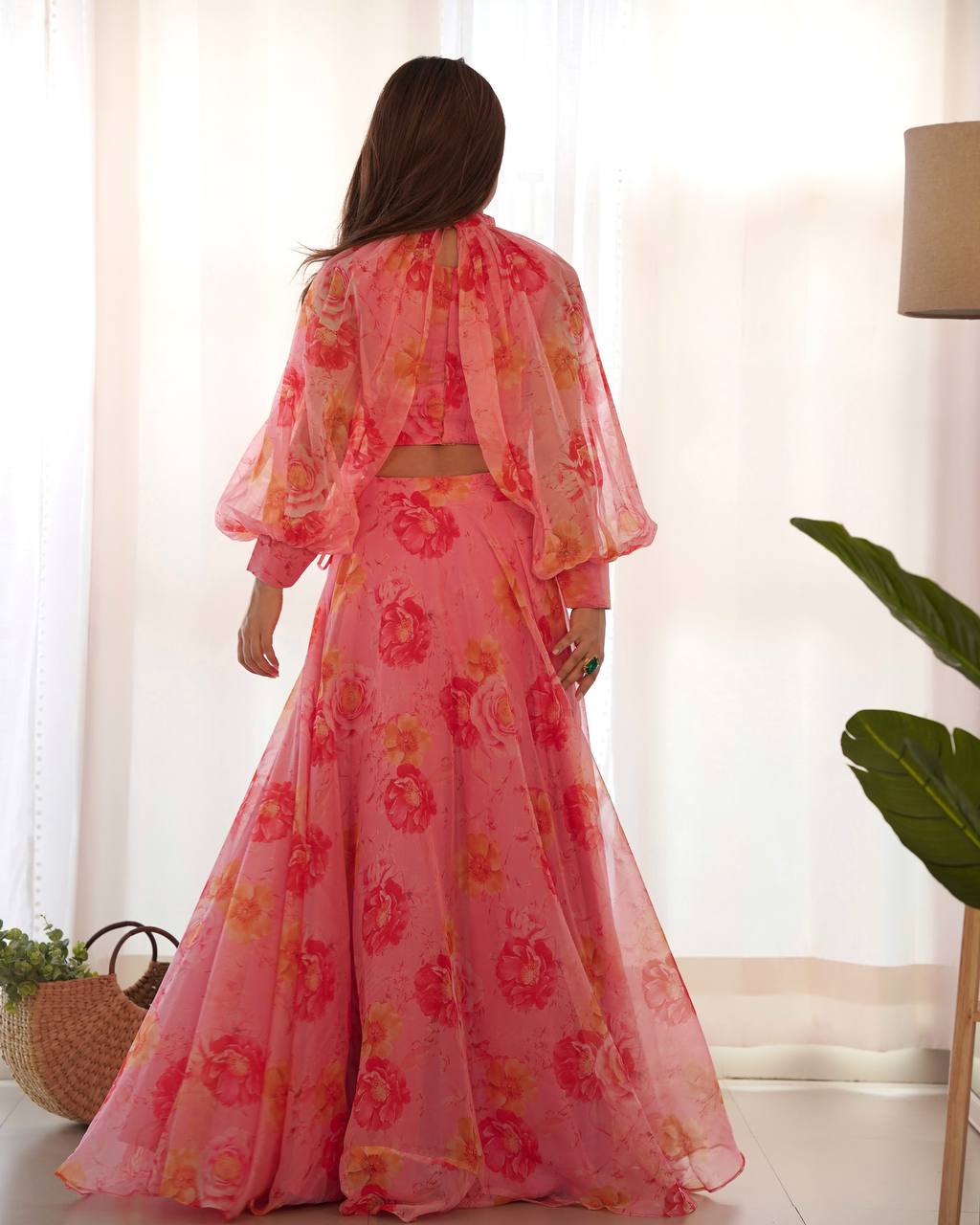 Pink Designer Floral Tabby Organza Silk Lehenga Choli Set
