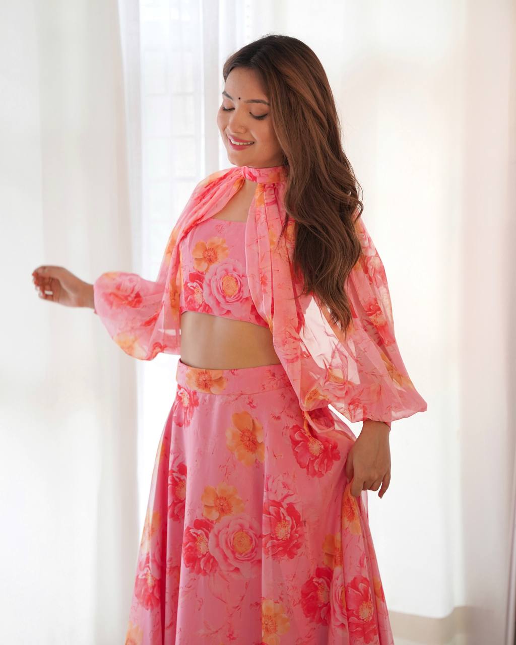 Pink Designer Floral Tabby Organza Silk Lehenga Choli Set