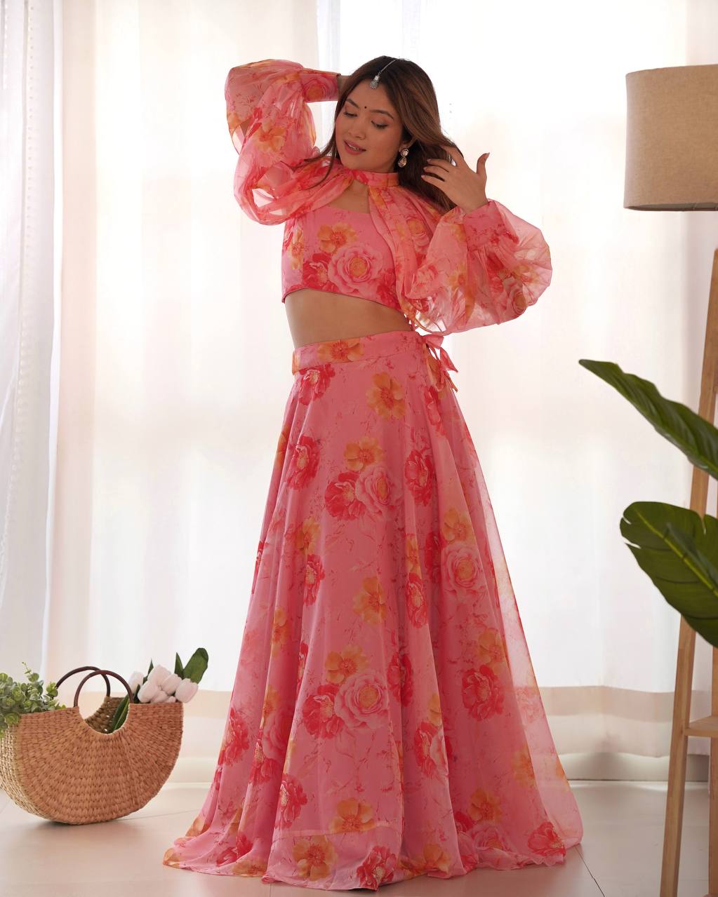 Pink Designer Floral Tabby Organza Silk Lehenga Choli Set