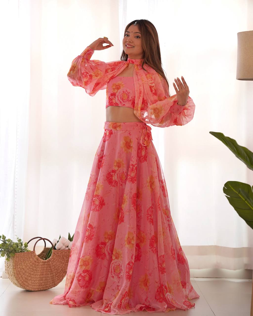 Pink Designer Floral Tabby Organza Silk Lehenga Choli Set