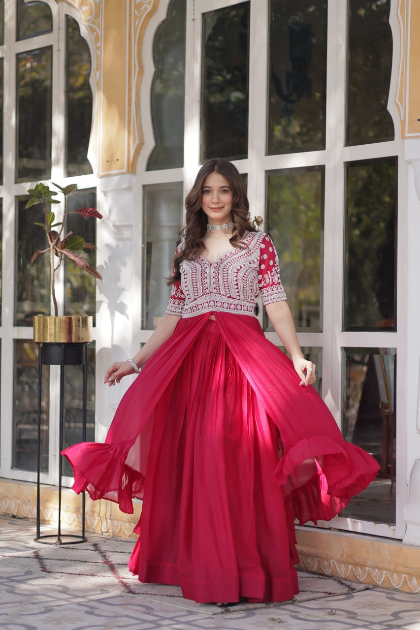 Pink Designer Star Georgette Kurti with Lehenga Set Embroidered Beads & Sequins Work Elegant Ethnic Wear