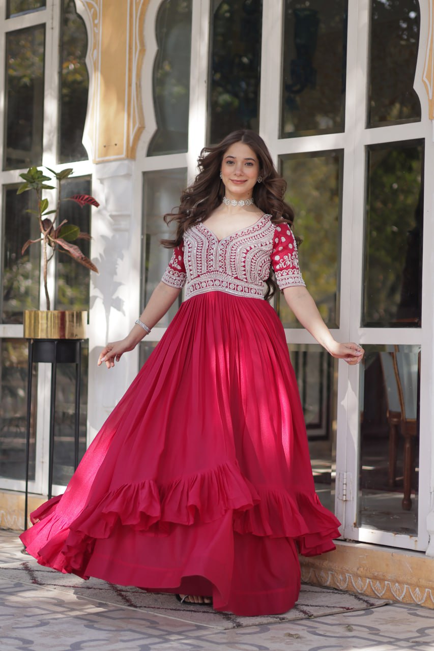 Pink Designer Star Georgette Kurti with Lehenga Set Embroidered Beads & Sequins Work Elegant Ethnic Wear
