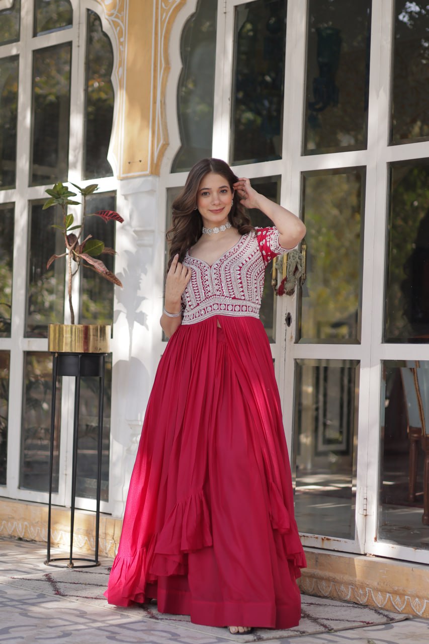 Pink Designer Star Georgette Kurti with Lehenga Set Embroidered Beads & Sequins Work Elegant Ethnic Wear