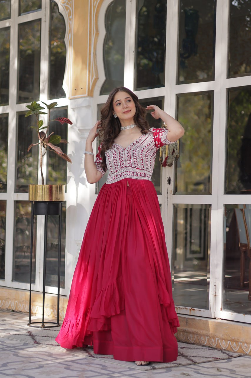 Pink Designer Star Georgette Kurti with Lehenga Set Embroidered Beads & Sequins Work Elegant Ethnic Wear