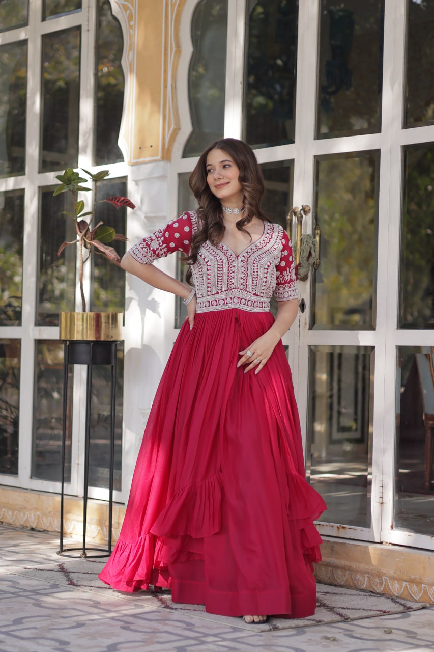 Pink Designer Star Georgette Kurti with Lehenga Set Embroidered Beads & Sequins Work Elegant Ethnic Wear