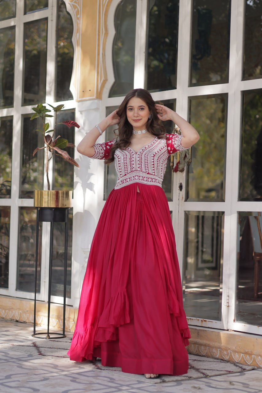 Pink Designer Star Georgette Kurti with Lehenga Set Embroidered Beads & Sequins Work Elegant Ethnic Wear