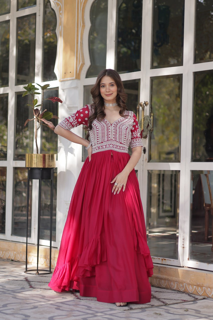 Pink Designer Star Georgette Kurti with Lehenga Set Embroidered Beads & Sequins Work Elegant Ethnic Wear