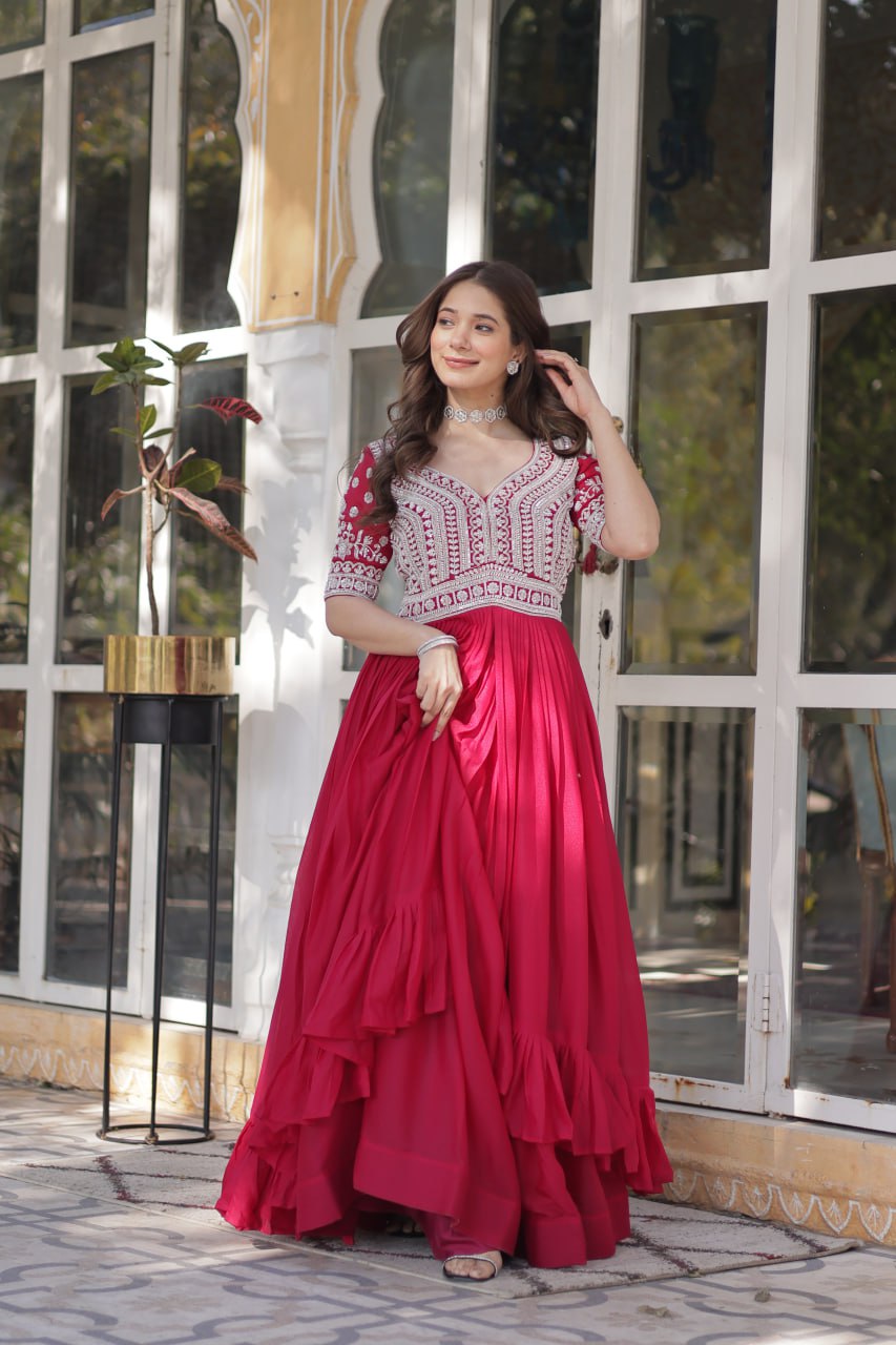 Pink Designer Star Georgette Kurti with Lehenga Set Embroidered Beads & Sequins Work Elegant Ethnic Wear
