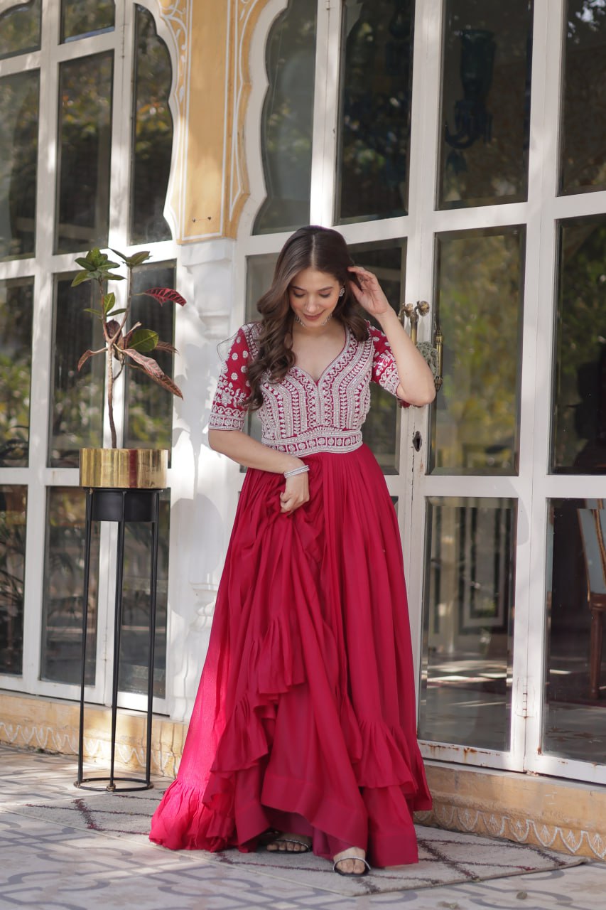 Pink Designer Star Georgette Kurti with Lehenga Set Embroidered Beads & Sequins Work Elegant Ethnic Wear