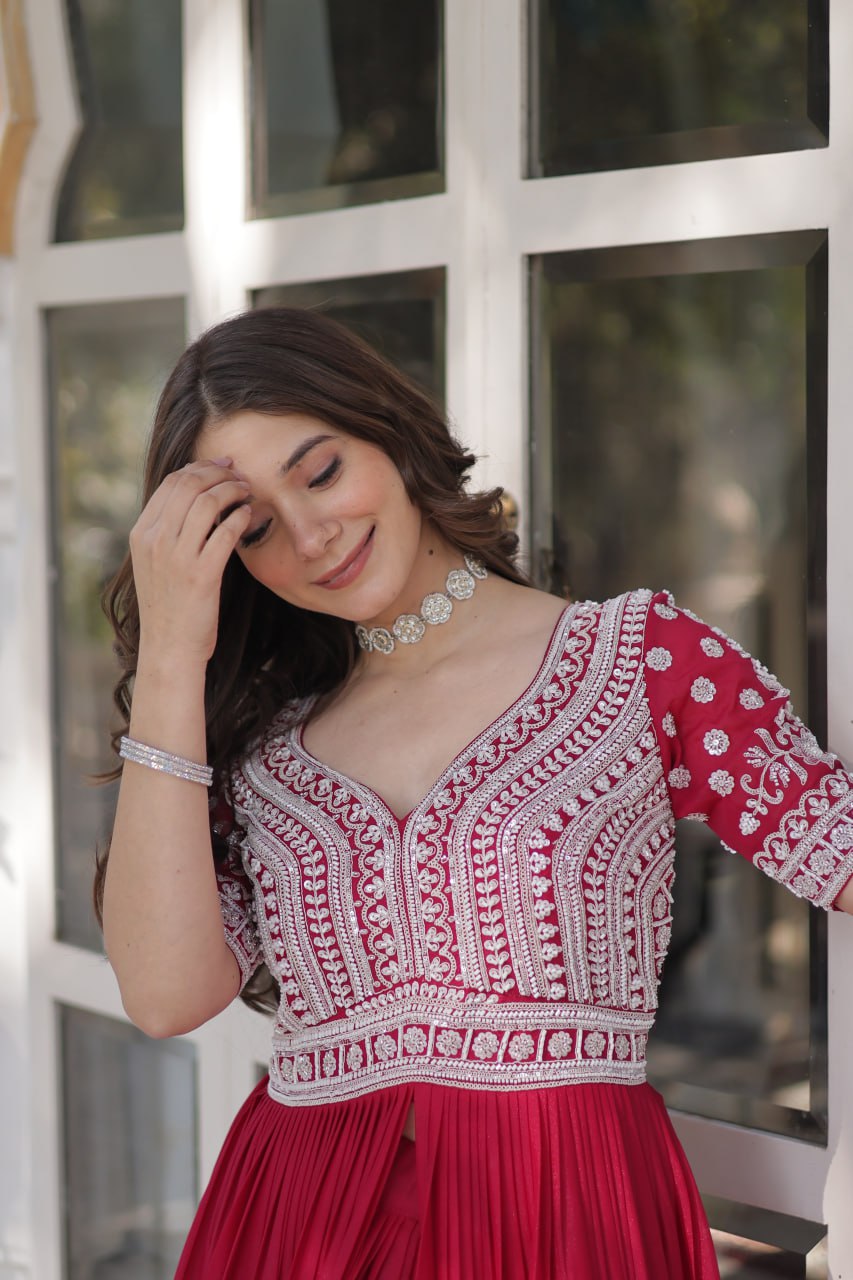 Pink Designer Star Georgette Kurti with Lehenga Set Embroidered Beads & Sequins Work Elegant Ethnic Wear