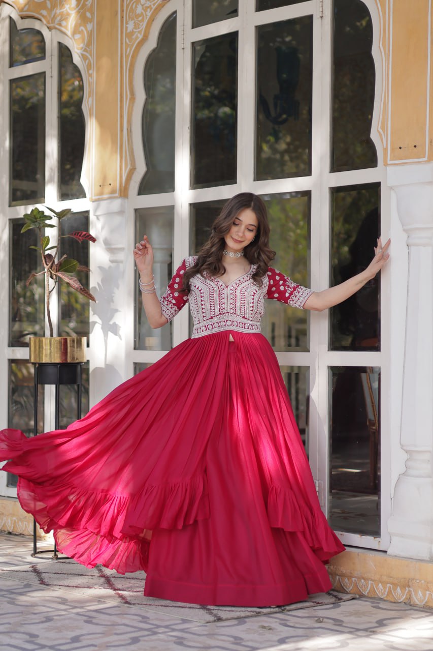 Pink Designer Star Georgette Kurti with Lehenga Set Embroidered Beads & Sequins Work Elegant Ethnic Wear