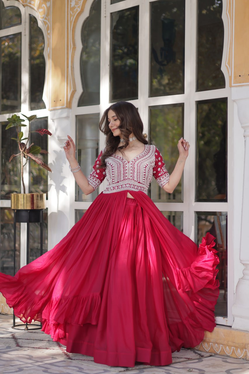 Pink Designer Star Georgette Kurti with Lehenga Set Embroidered Beads & Sequins Work Elegant Ethnic Wear