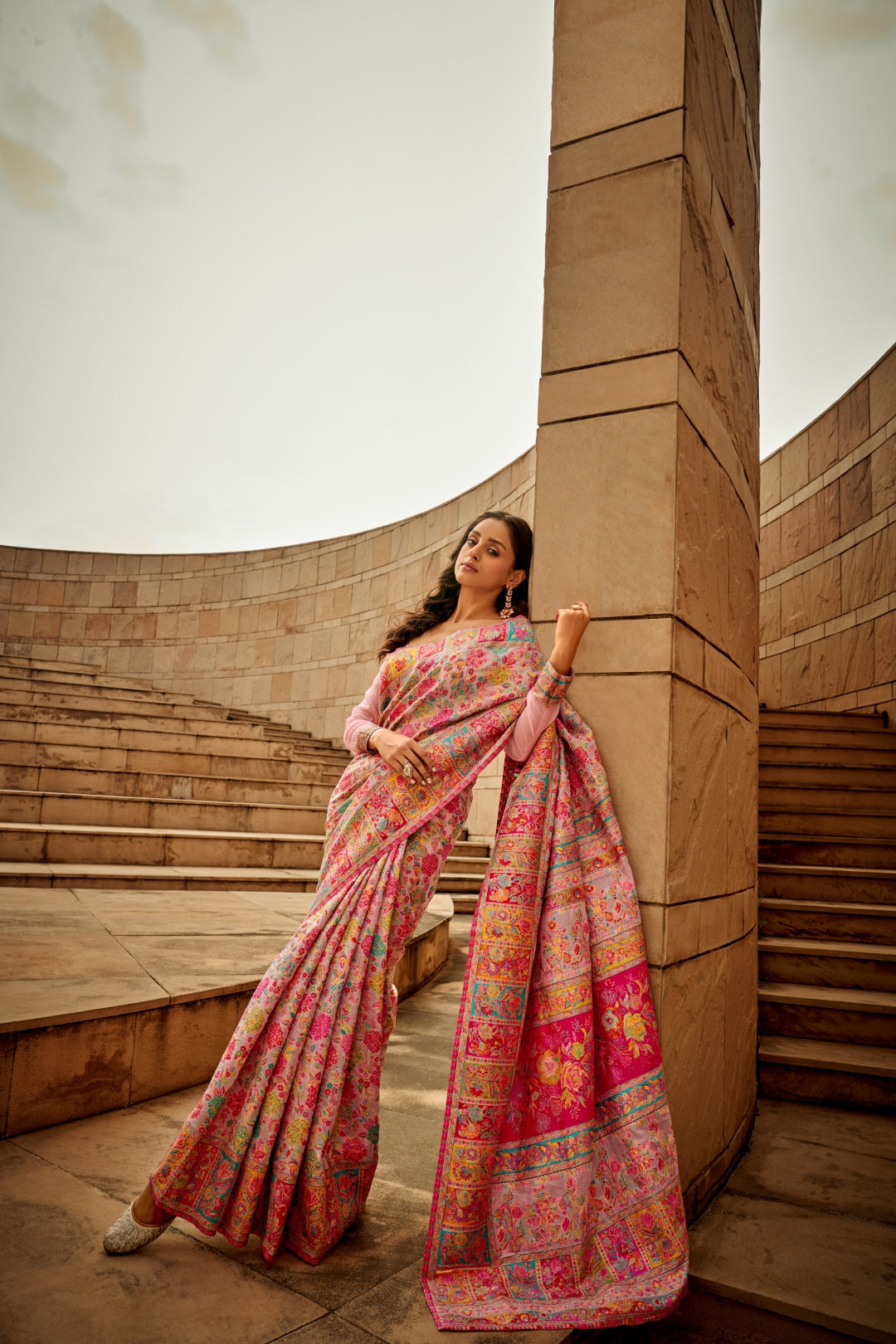 Pink Digital Print Elegant Bollywood Art Silk Saree with Zari Woven Border