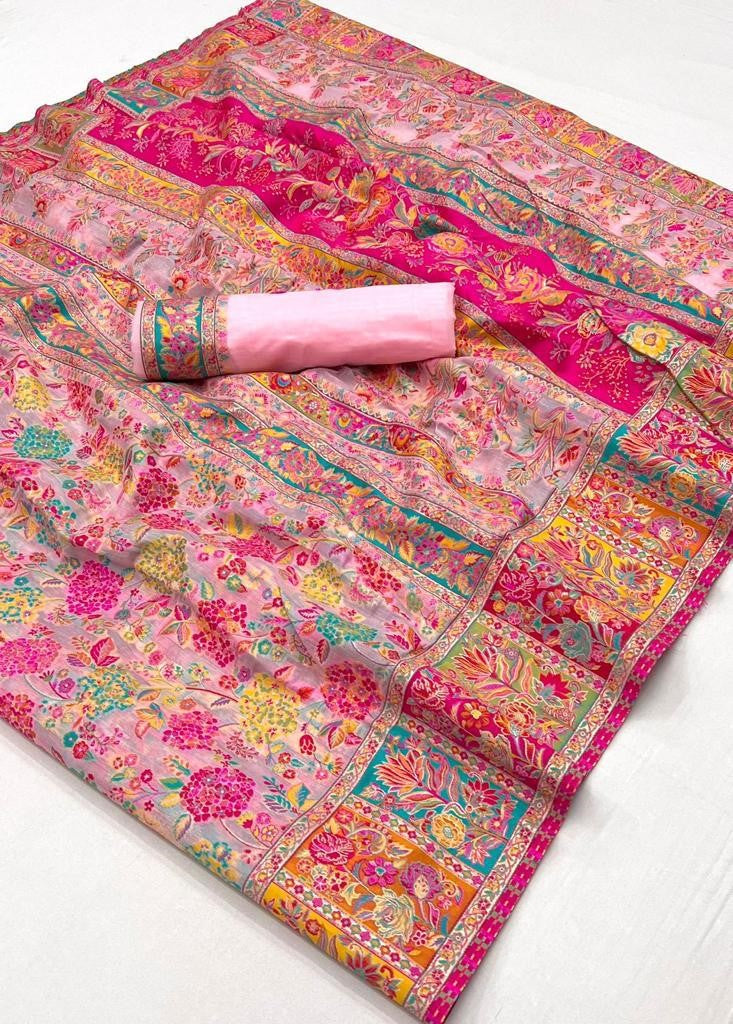 Pink Digital Print Elegant Bollywood Art Silk Saree with Zari Woven Border