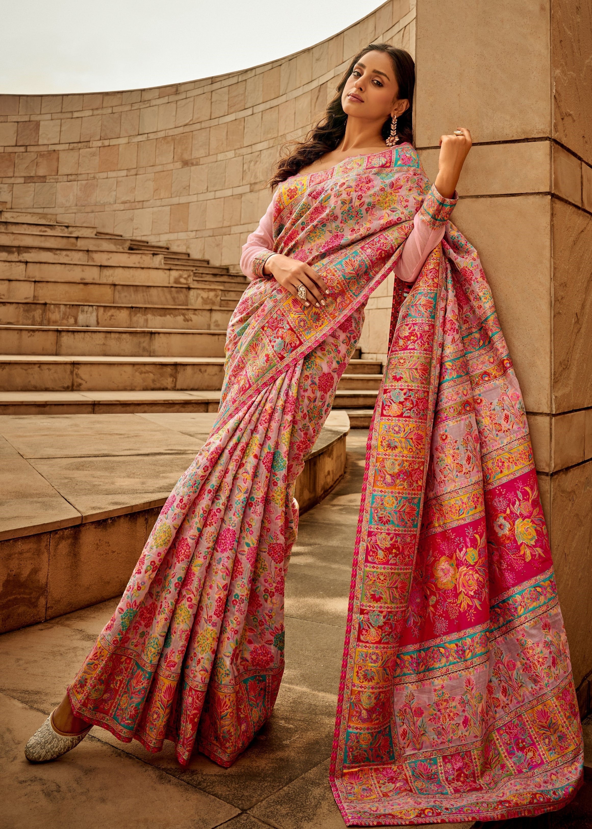 Pink Digital Print Elegant Bollywood Art Silk Saree with Zari Woven Border