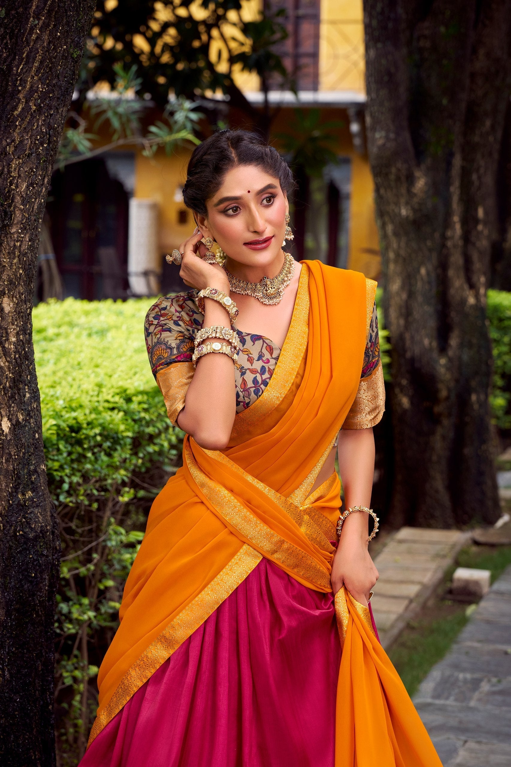 Pink Elegant Aastha Silk Printed Lehenga Choli Set with Zari Weaving and Georgette Dupatta – Stitched Ensemble