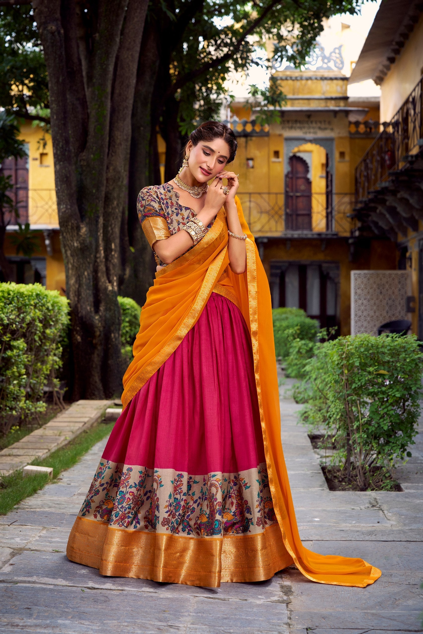 Pink Elegant Aastha Silk Printed Lehenga Choli Set with Zari Weaving and Georgette Dupatta – Stitched Ensemble