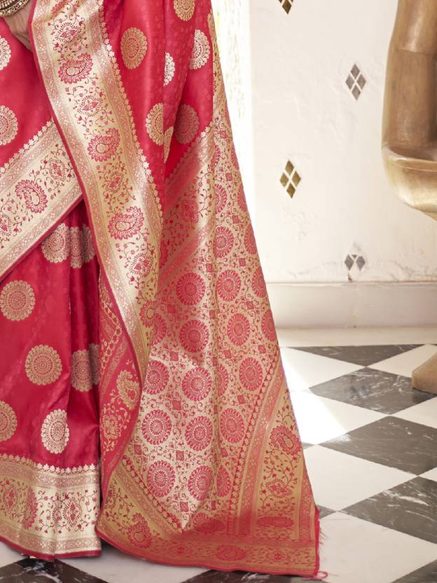 Pink Elegant Banarasi Satin Saree with Unstitched Blouse Piece