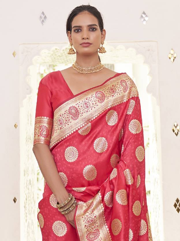 Pink Elegant Banarasi Satin Saree with Unstitched Blouse Piece