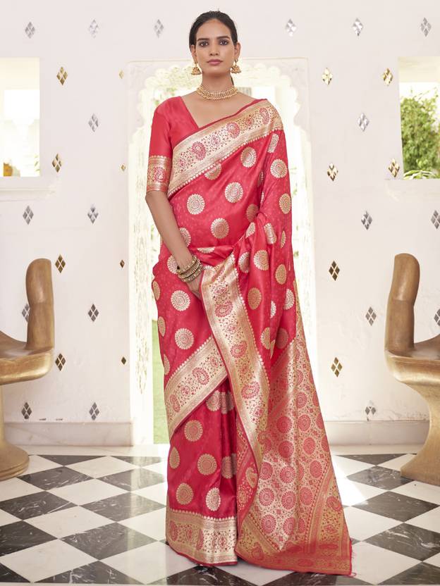 Pink Elegant Banarasi Satin Saree with Unstitched Blouse Piece