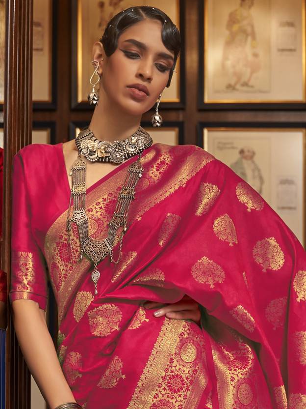 Pink Elegant Banarasi Silk Blend Saree with Unstitched Blouse Piece