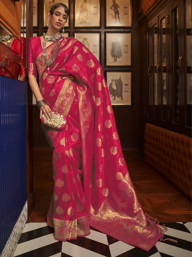 Pink Elegant Banarasi Silk Blend Saree with Unstitched Blouse Piece