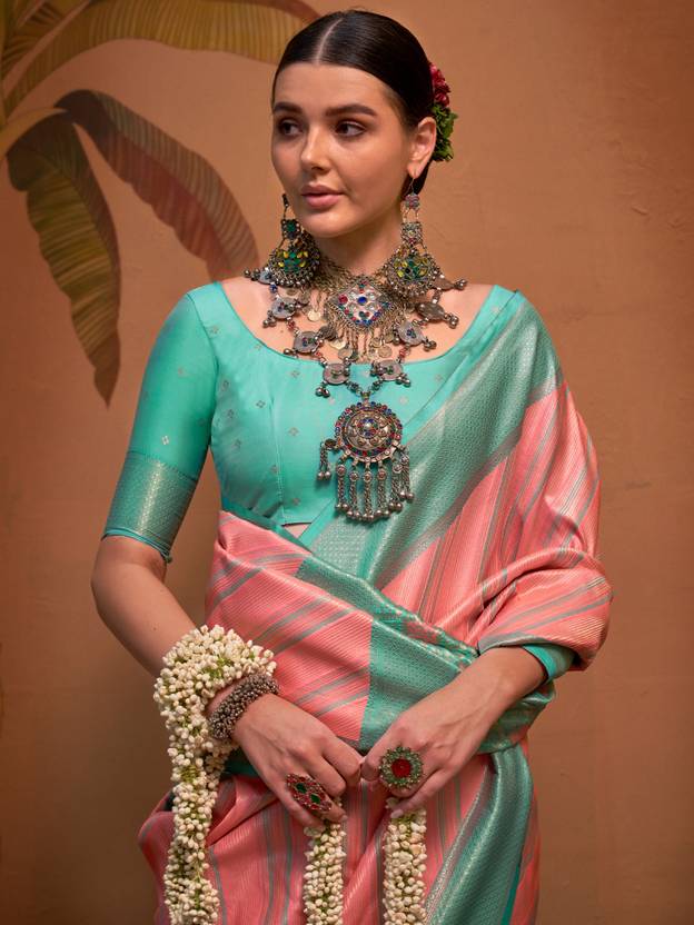 Pink Elegant Banarasi Silk Blend Saree with Unstitched Blouse