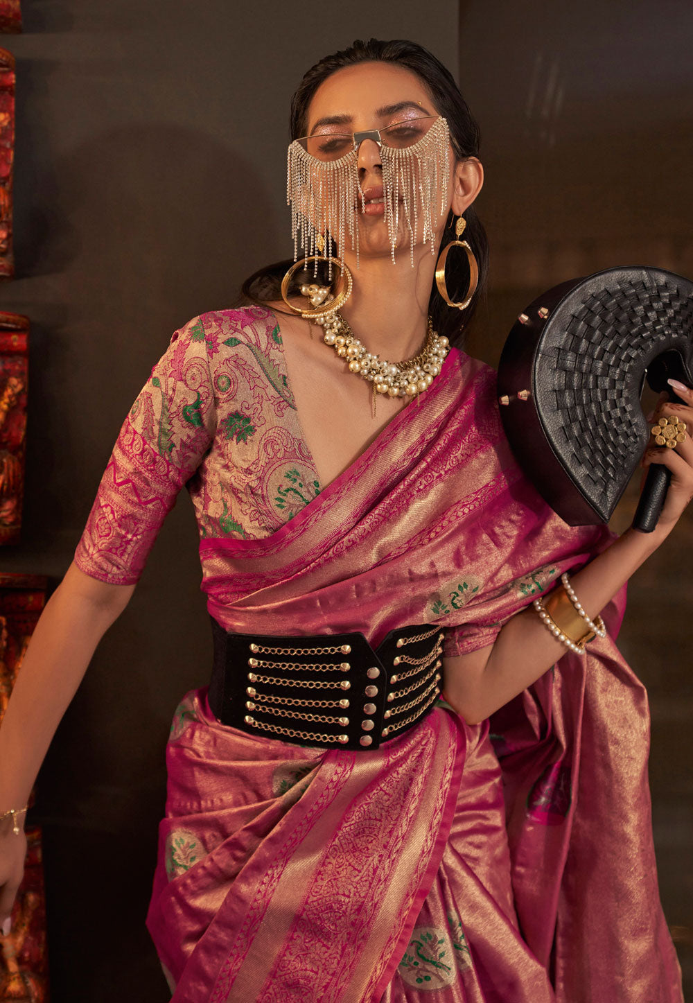 Pink Elegant Banarasi Silk Blend Saree with Woven Design & Tassel Detailing