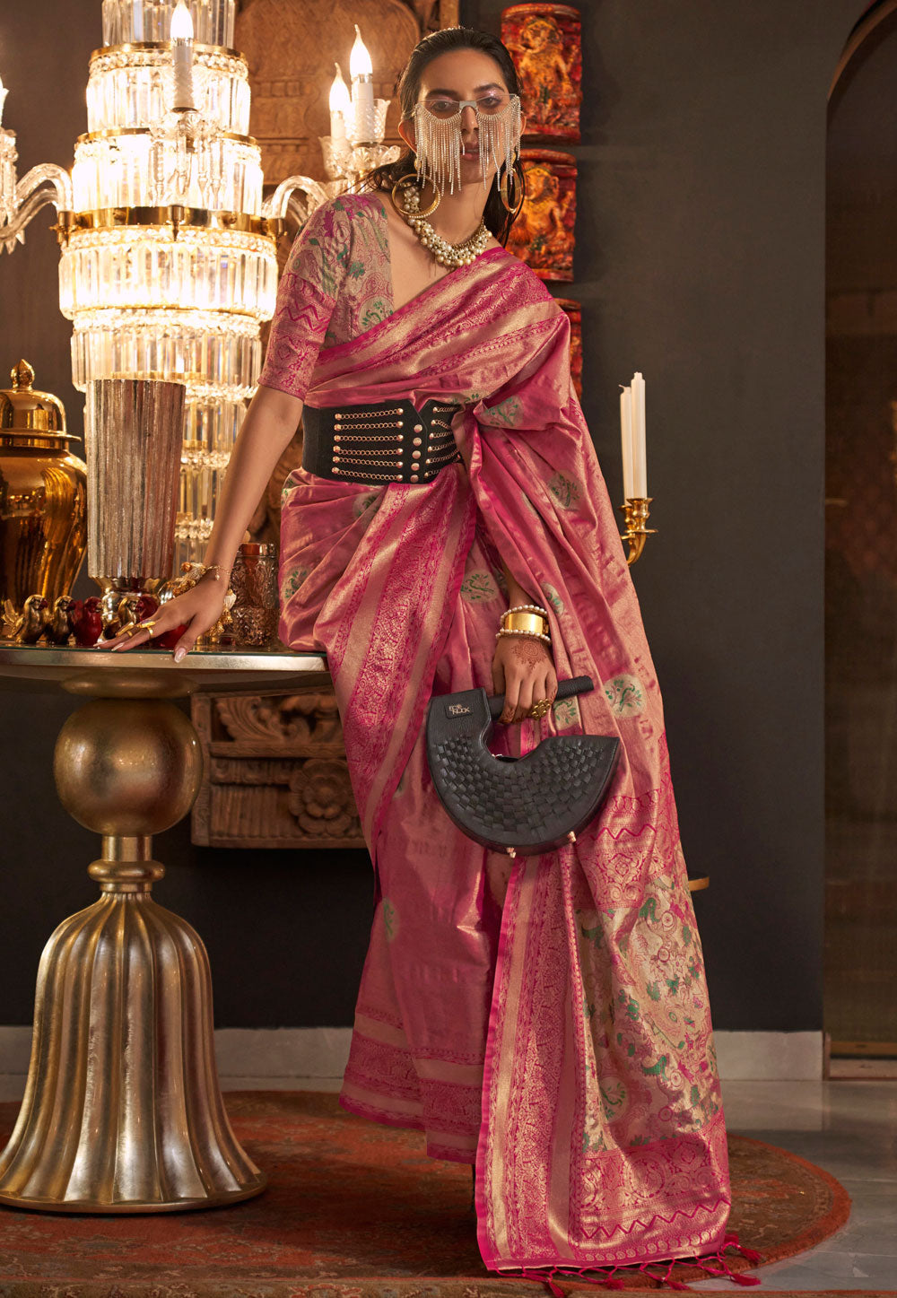 Pink Elegant Banarasi Silk Blend Saree with Woven Design & Tassel Detailing